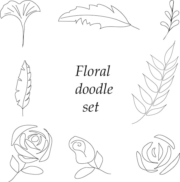 Floral doodle set with leaves rose flower feathers