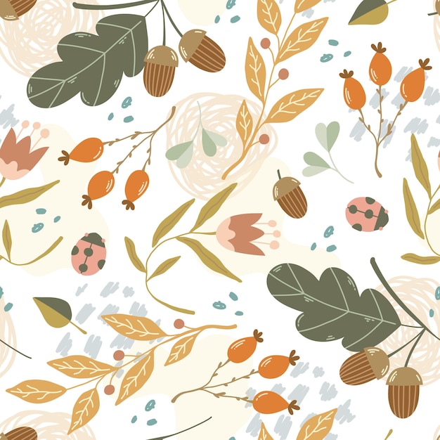 Floral doodle vector seamless pattern with wildflowers, acorns, leaves on textured background