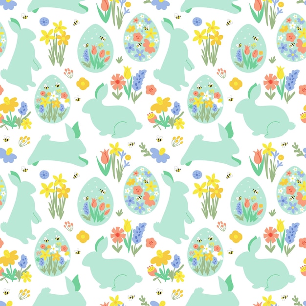 Floral easter rabbit bunny pattern Floral easter eggs spring print Eggs hunt meadow flowers background Vector package design