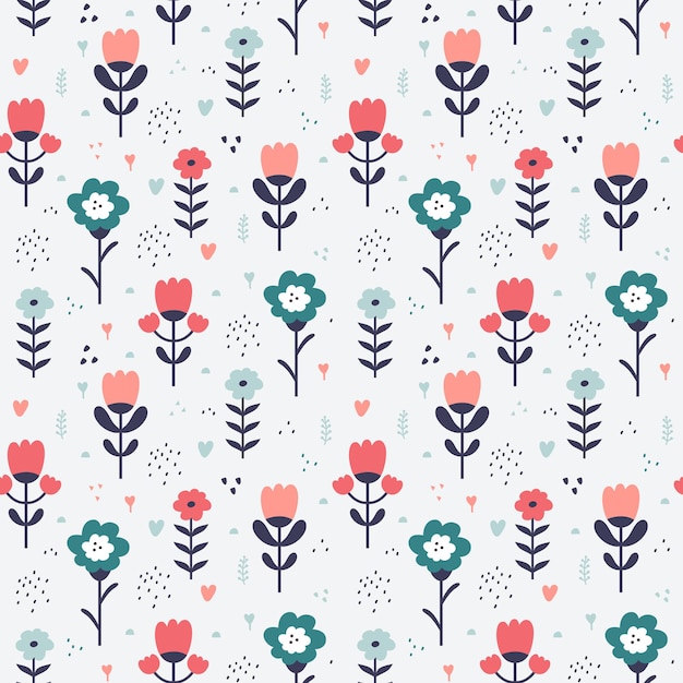 Floral elements seamless pattern. Flowers and herbs in Scandinavian style. Blooming summer meadow