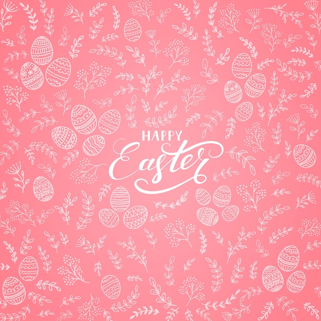 Floral elements with decorative eggs and lettering Happy Easter on pink background, illustration.