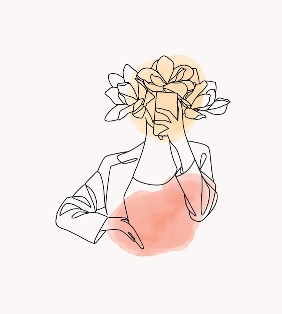 Floral female feminine body line illustration in minimal line art style