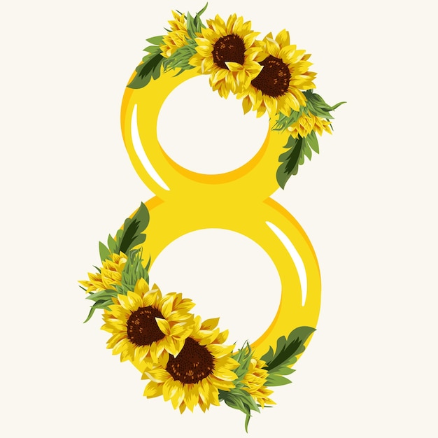 floral festive design of eight in pink color with yellow sunflowers that half cover the number