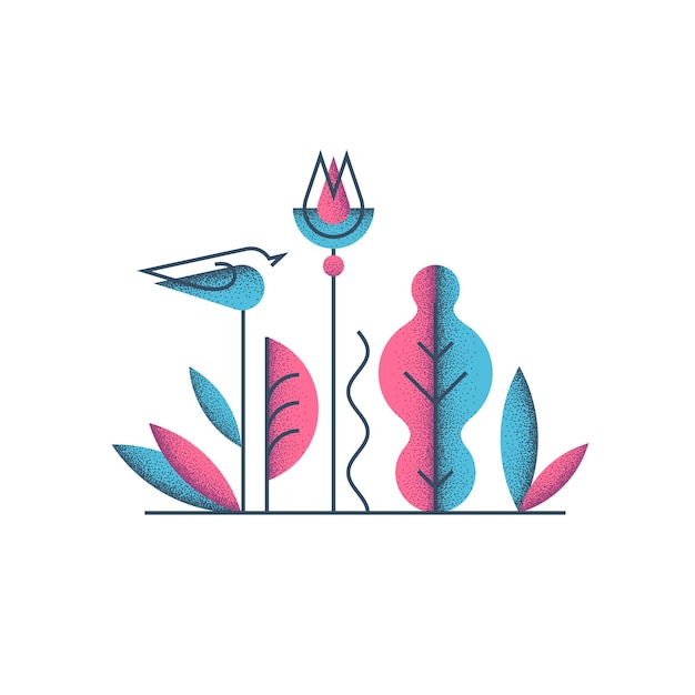 Floral flat and grain design concept, digital   illustration. Bird and flowers, plants.