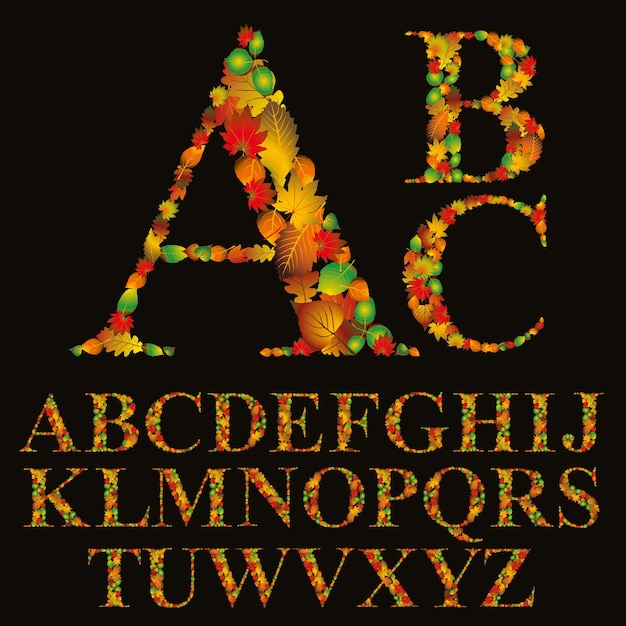 Floral font made with leaves, natural alphabet letters set, vector design.