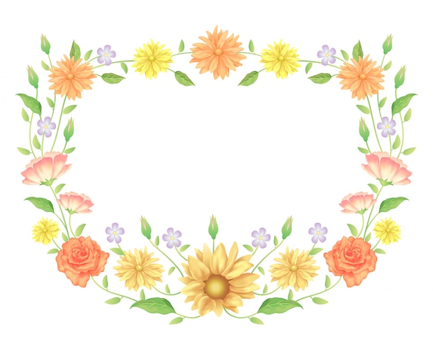 Floral frame colorful and beautiful rose flowers and leaves template decoration.