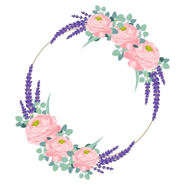 Floral frame design with ranunculus rose and lavender flowers.