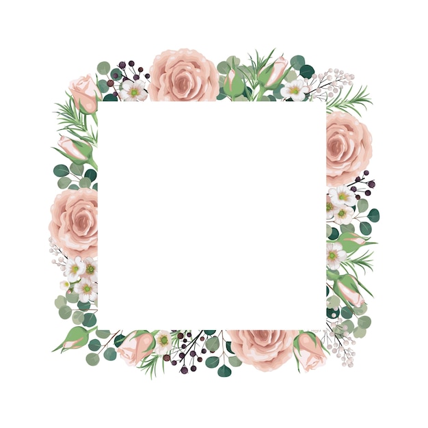 Floral frame peach Rose green Eucalyptus tender greenery berry bouquet Vector illustration isolated on white background