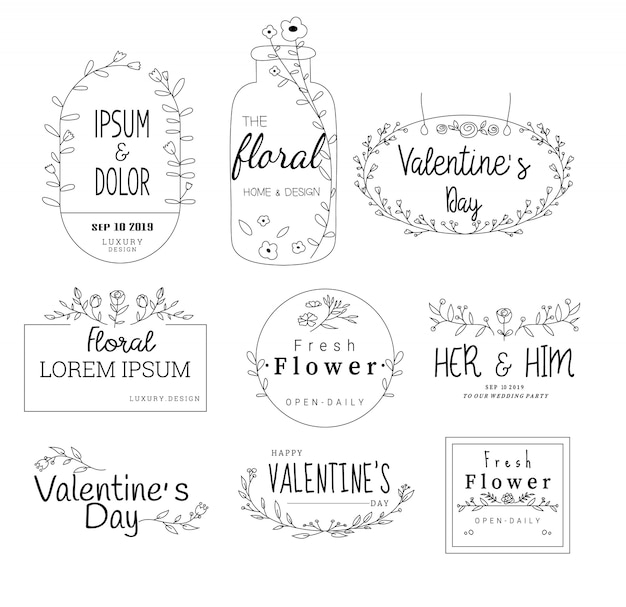 Floral frame set for wedding, flower shop, hand drawn style