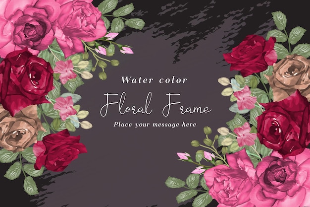 Floral frame template set with watercolor floral roses wreath Premium Vector