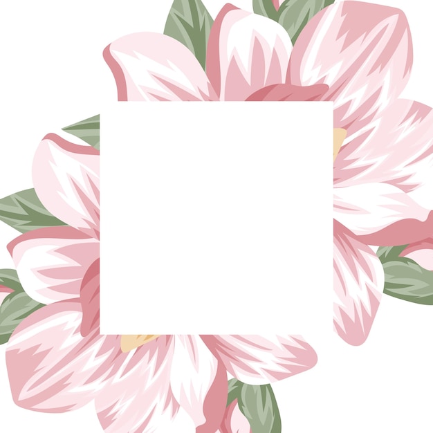 floral frame template with magnolia flowers and white square with place for greeting text