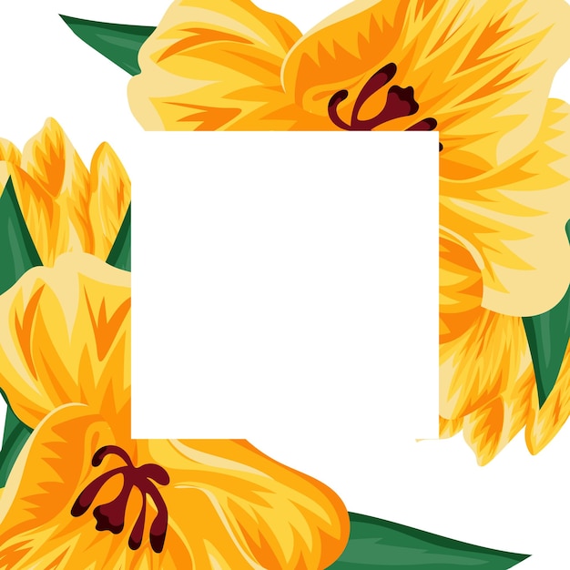 floral frame template with yellow tulip flowers and white square with place for greeting text