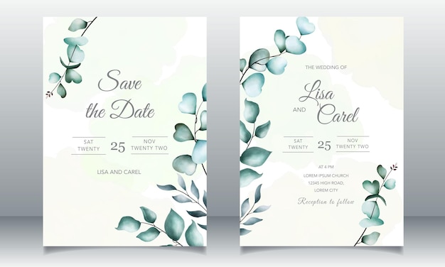 Floral frame wedding invitation template with greenery leaves