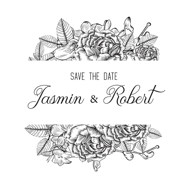 Floral frame wedding invitation with hand drawn flowers 