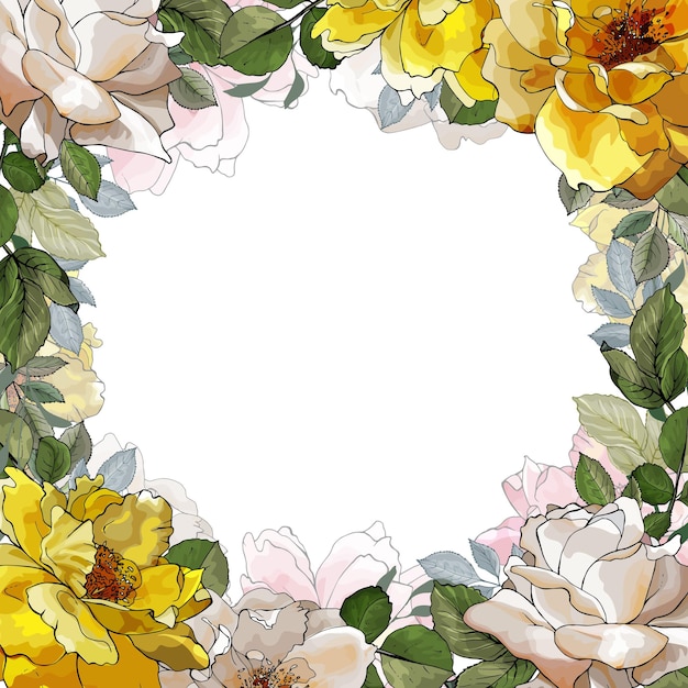 Floral frame of white and yellow flowers roses.