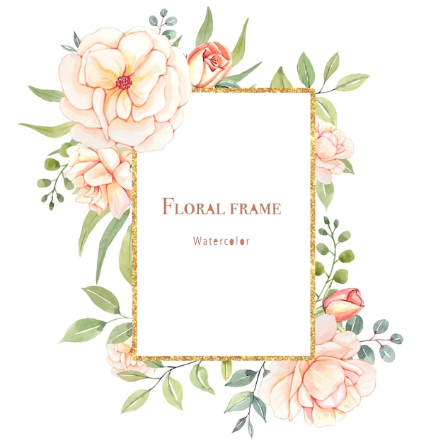 Floral frame with delicate blush roses on a white background