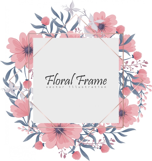 Vector floral frame with pink and blue flower.