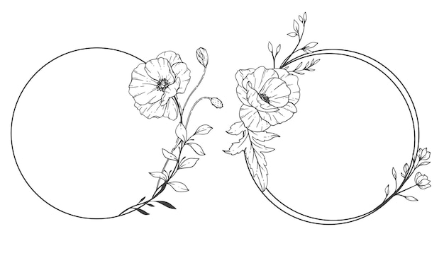 Floral Frames Line Art Fine Line Poppy Frames Hand Drawn Illustration Outline Leaves and Flowers