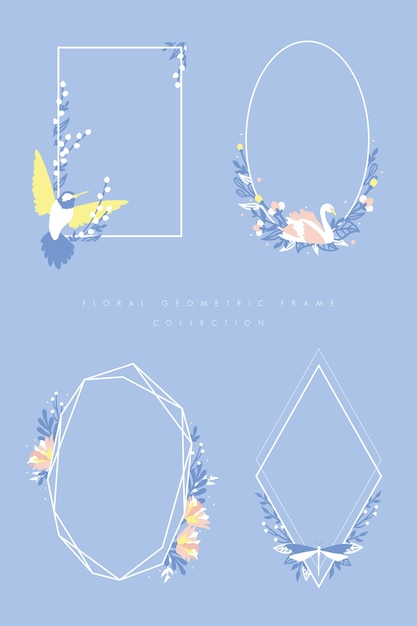 Floral geometric frame set with humming bird, swan and dragon fly