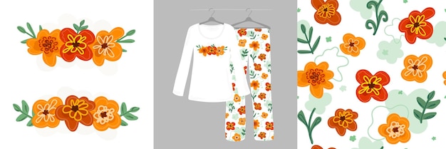 Floral graphic design doodles on white background Seamless pattern for children Women's pajamas