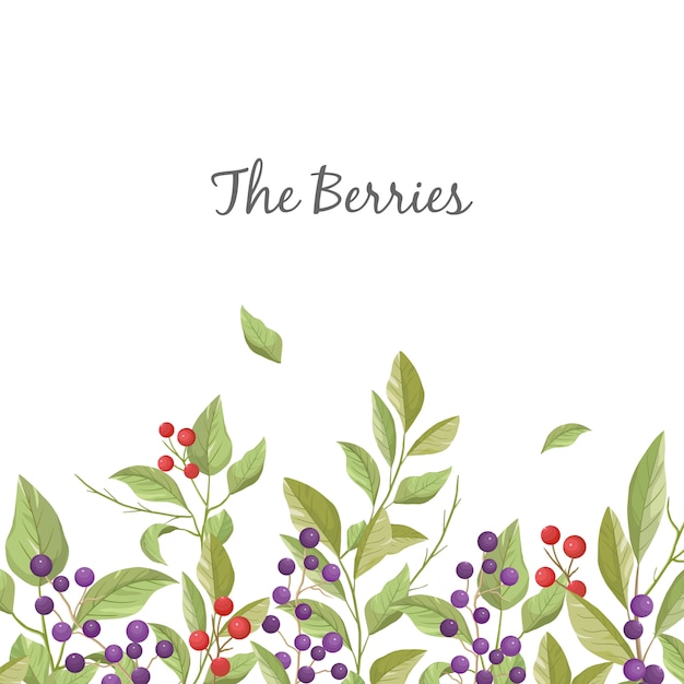 Floral greeting card with leaves, branches and berries in white background.