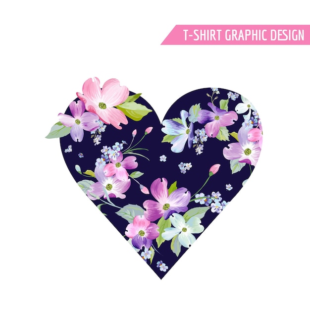 Floral Heart Spring Graphic Design with Dogwood Blossom Flowers for Fashion Print