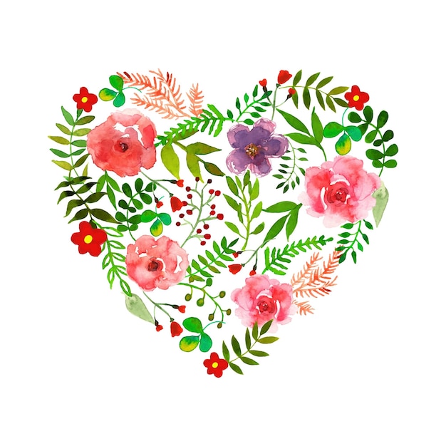 Floral heart with flowers drawing watercolor