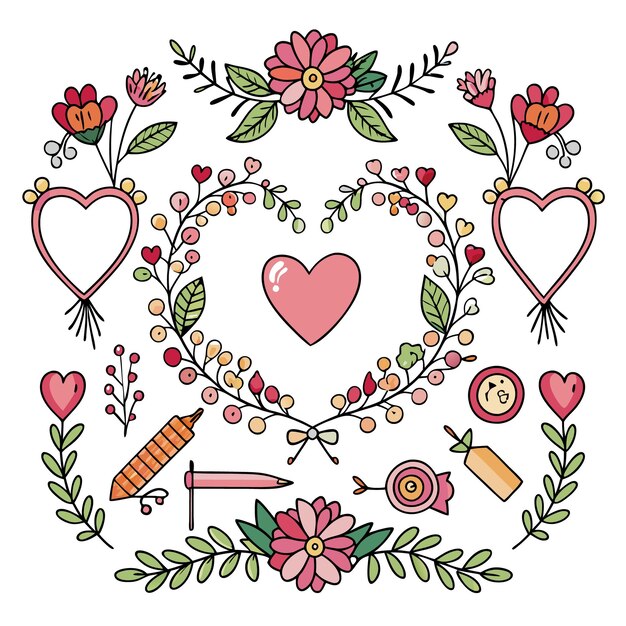 Vector floral and heartthemed decorative elements in a whimsical style