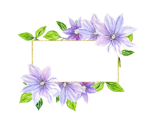 Floral horizontal frame with purple clementis flowers watercolor