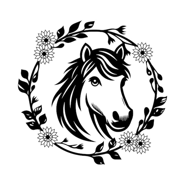 Vector floral horse outline clip art flower with horse head vector illustration in black and white