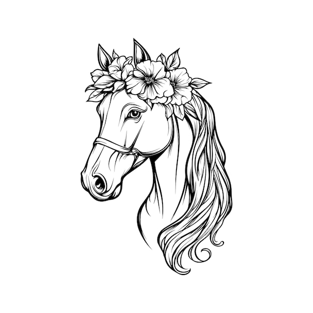 Vector floral horse outline clip art flower with horse head vector illustration in black and white