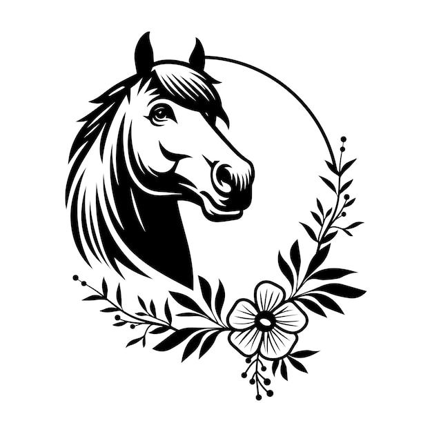 Floral Horse Outline Clip Art Flower With Horse head Vector illustration in black and white