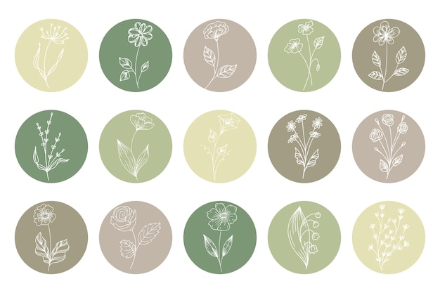 Floral icons set white contour flowers in round shapes in green and beige colors