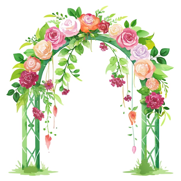 a floral illustration of a bridal arch with roses and leaves