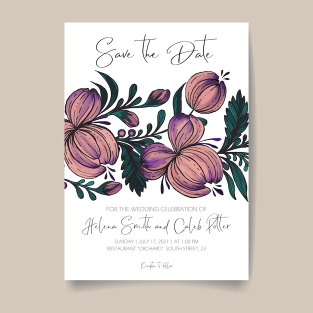 Floral invitation card, save the date with watercolor , golden frame, flowers, leaves and branches.