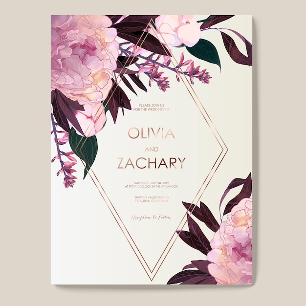 A floral invitation for a wedding with a gold frame.