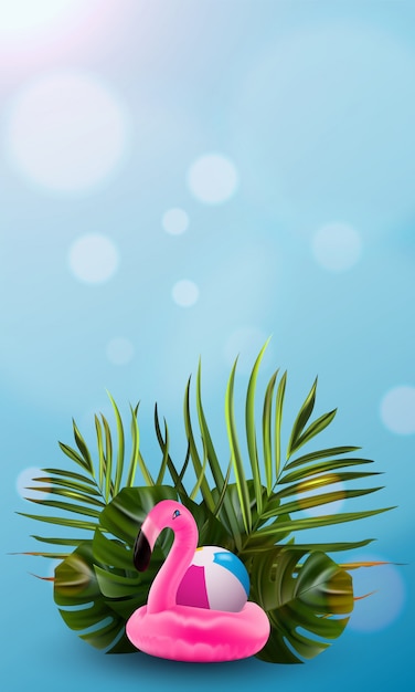 Floral jungle palm and flamingo background.