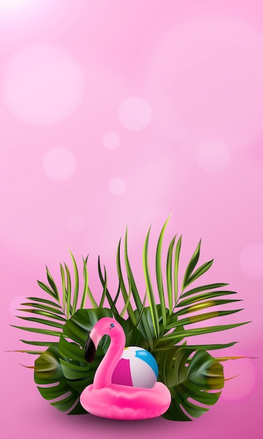 Floral jungle palm and flamingo background.