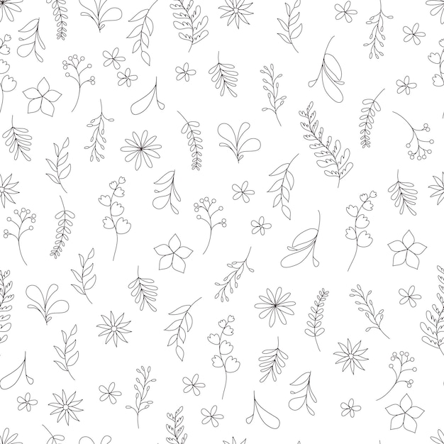 Floral and leaves seamless pattern Hand drawn linear and silhouette flowers branches leaves textures