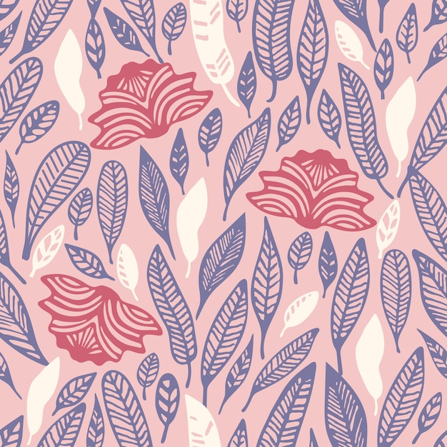 Floral Leaves Seamless Pattern with hand drawn blooming flowers