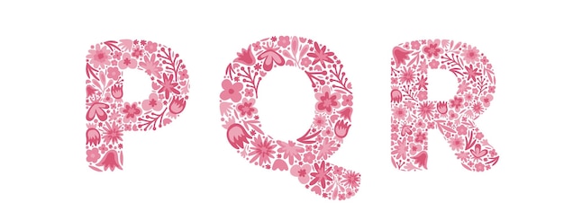 Floral letters P Q R Font of pink flowers Alphabet Doodle Vector