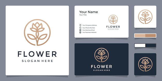 Floral logo design in line art style with business card