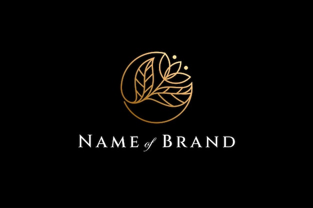 Floral logo in luxury gold color in circle shape linear design style