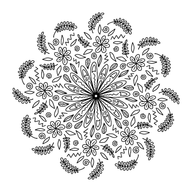 Floral mandala with flowers and leaves in doodle style Cute adults and kids coloring page and book