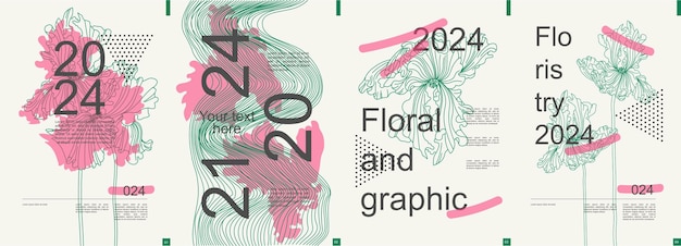 Floral modern banner with trendy minimalist typography design Poster templates with blooming iris graphic silhouettes abstract geometric line grids with waves text elements Vector illustration