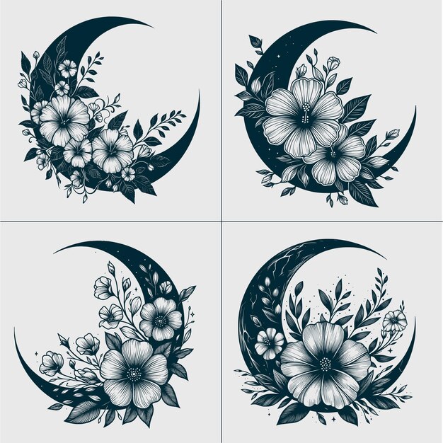 Vector floral moon svg crescent moon svg boho svg flower moon svg celestial svg files for cricut