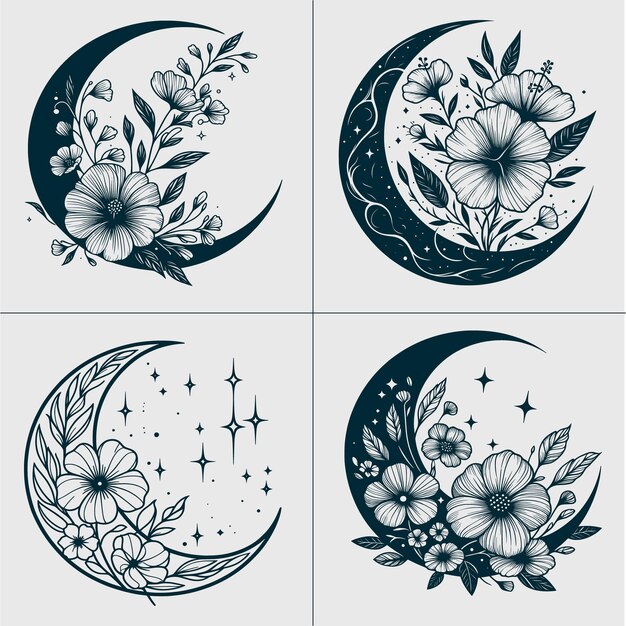 Vector floral moon svg crescent moon svg boho svg flower moon svg celestial svg files for cricut