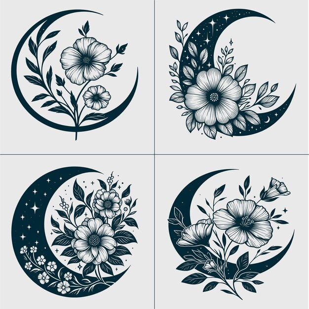 Vector floral moon svg crescent moon svg boho svg flower moon svg celestial svg files for cricut