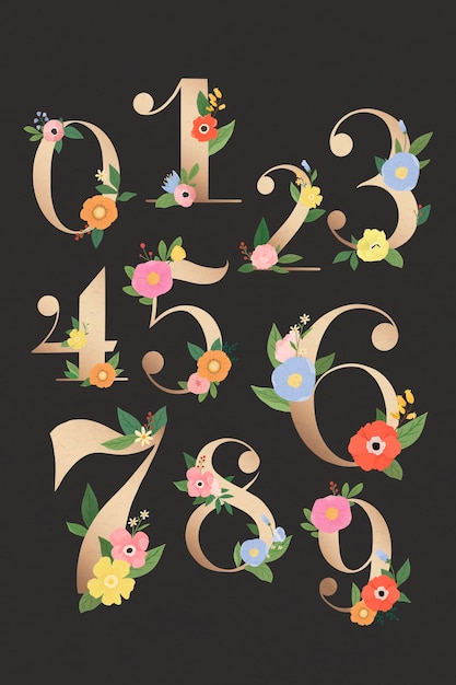 Floral number 0-9 vector set