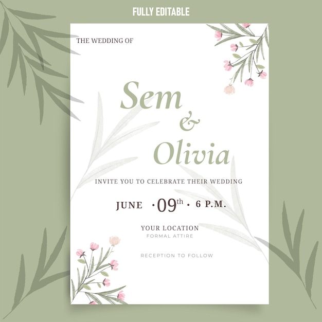 Floral olive green colour wedding card easy to edit easy to use